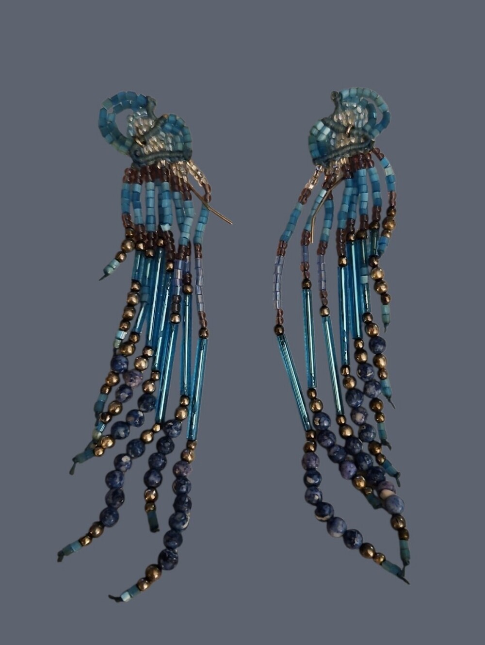 Handmade Native American Glass and Gemstone Beaded Festival Fringe Earrings